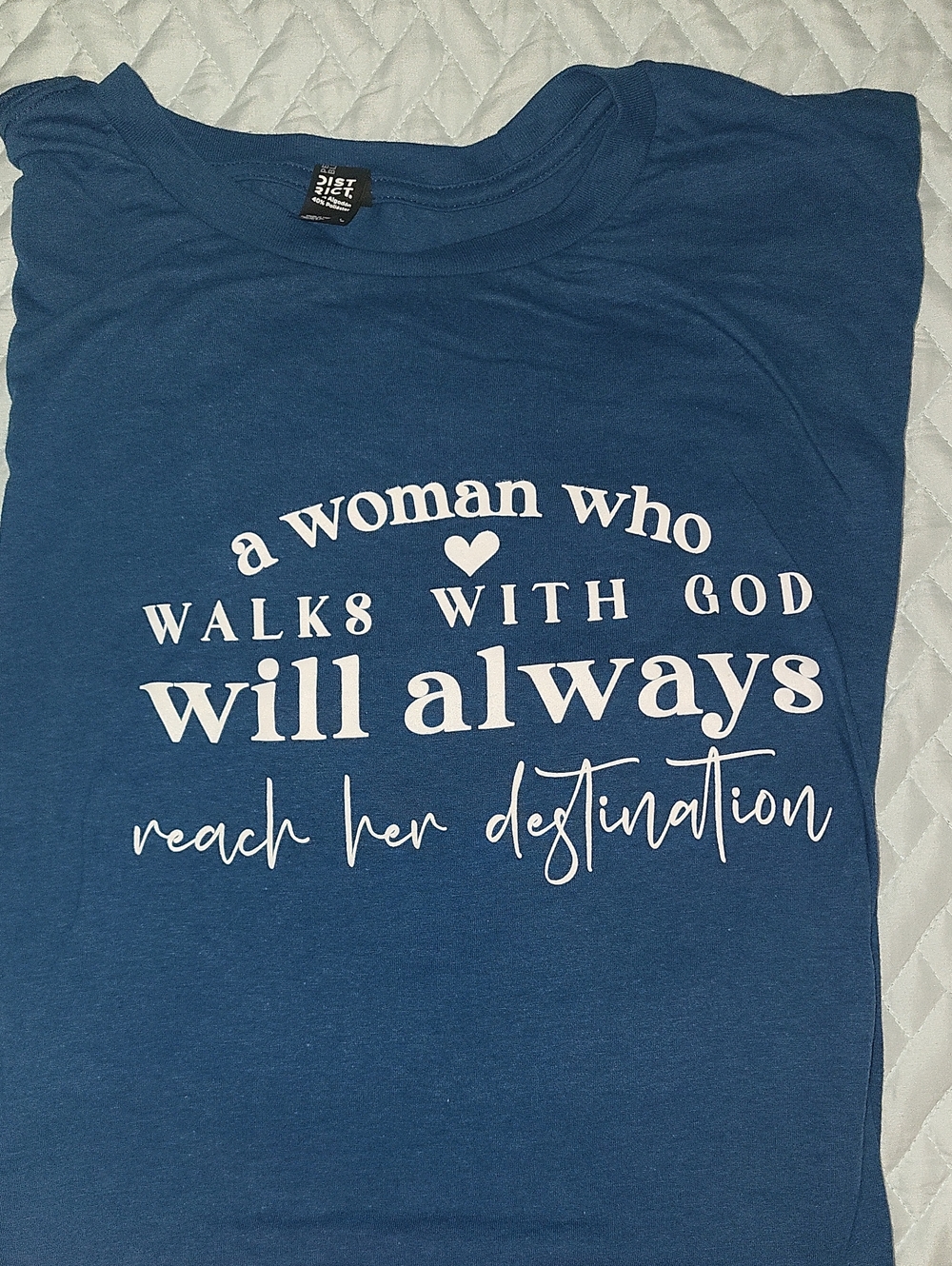 Women's District Blue Short Sleeve Tee with White Inspirational Script